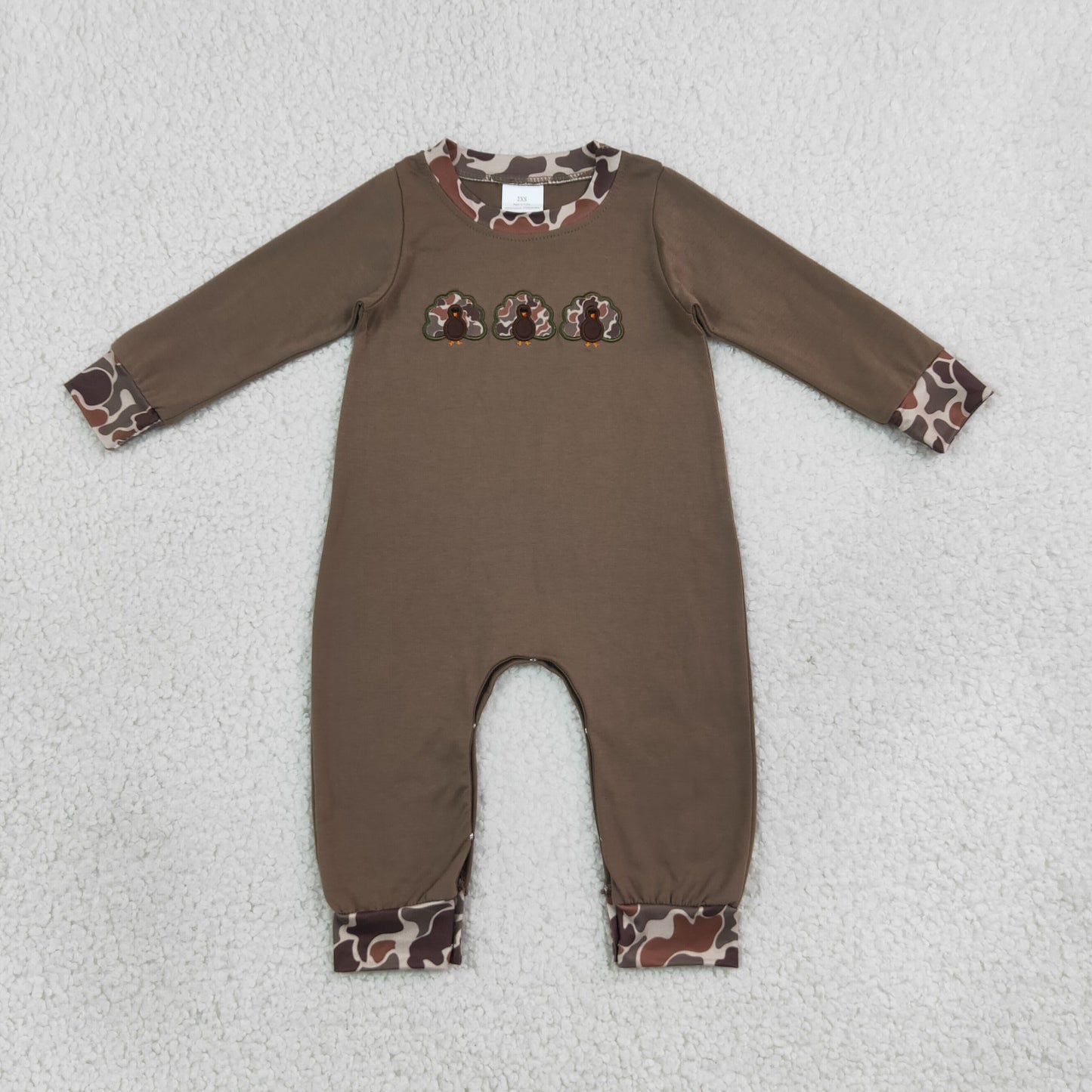 brown camo turkey embroidery boy romper