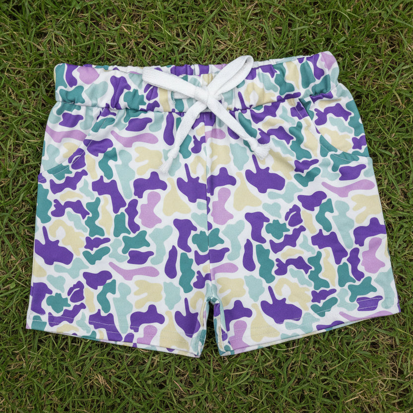 mardi gras baby boy green purple yellow camo shorts