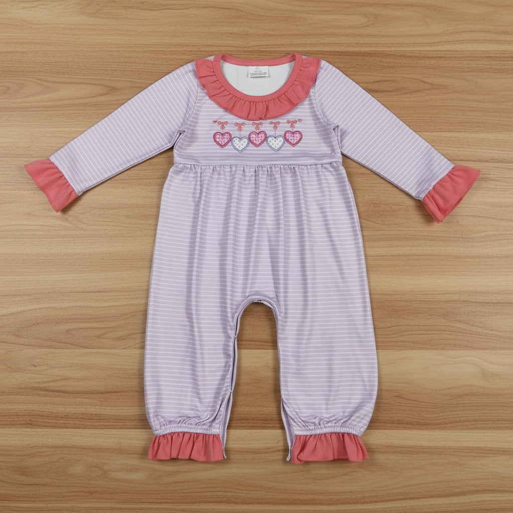 valentine heart embroidered stripes romper