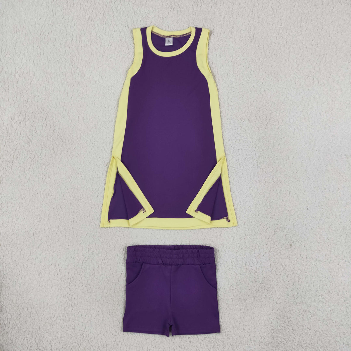 purple gold yoga sleeveless shorts outfits