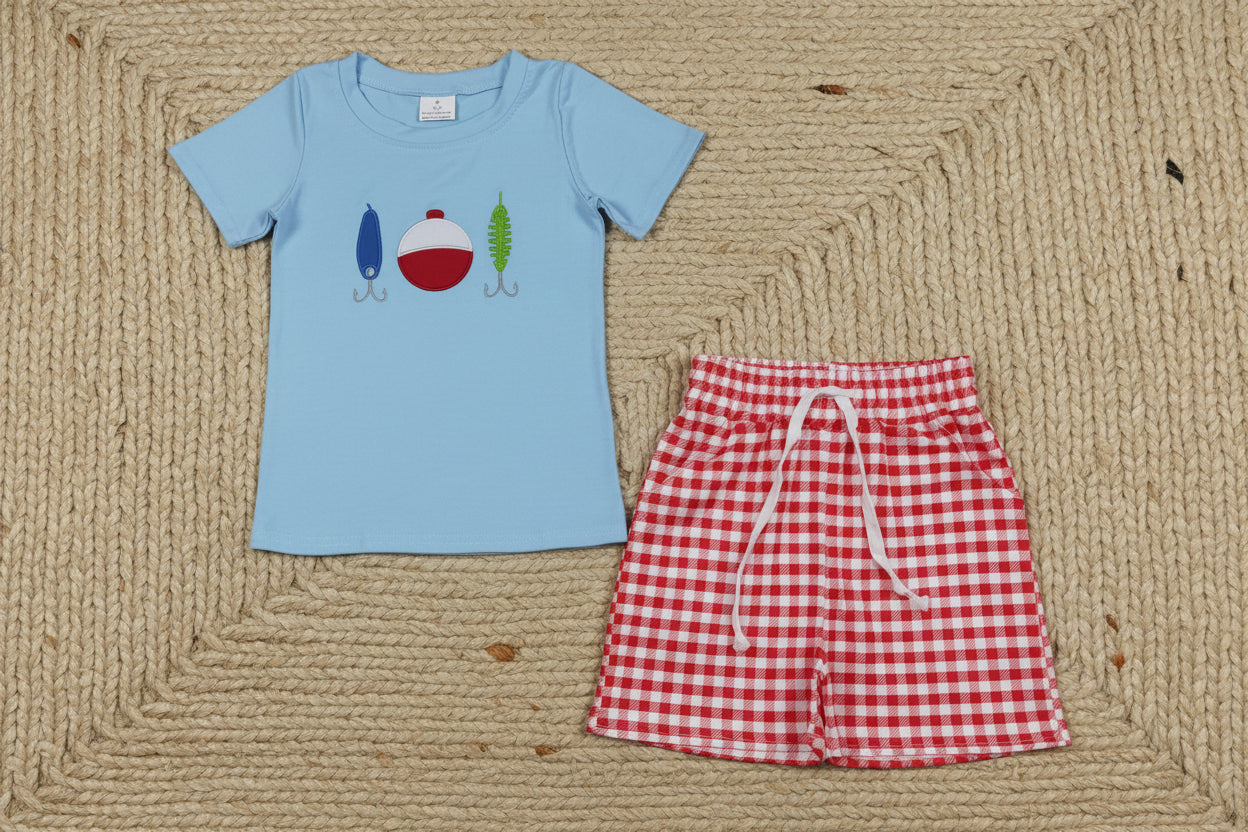 fishing hook embroidery boy shorts set summer clothes