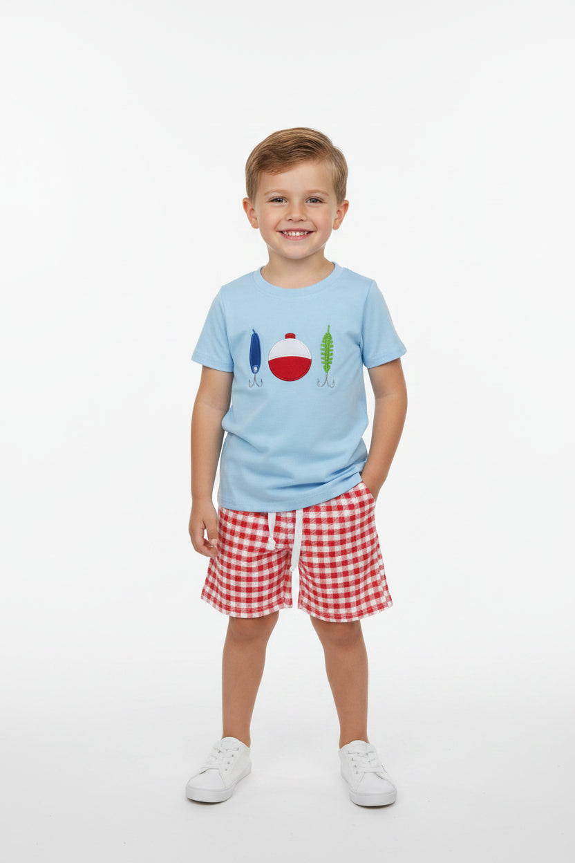 fishing hook embroidery boy shorts set summer clothes