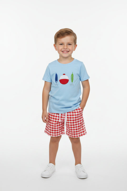 fishing hook embroidery boy shorts set summer clothes