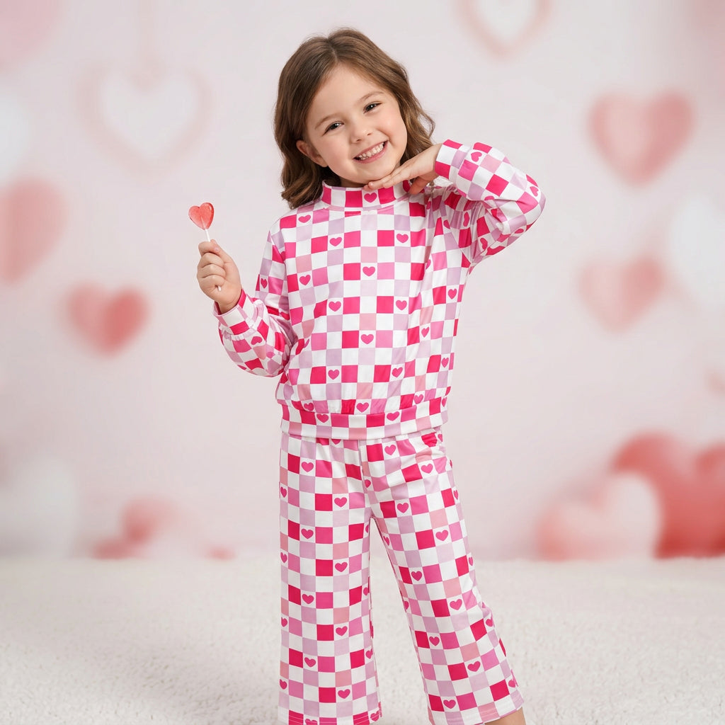 pink check with heart mock neck shirt wide leg pants set girl clothing