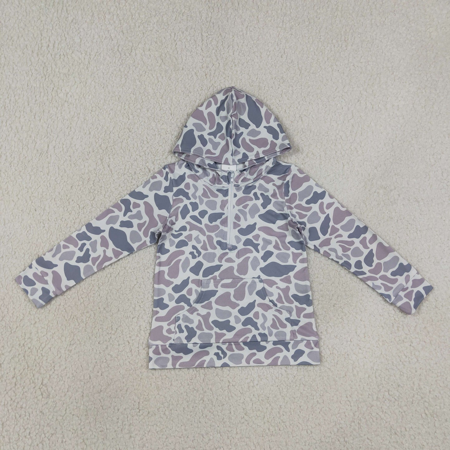 long sleeve zipper up gray camo hooded pullover