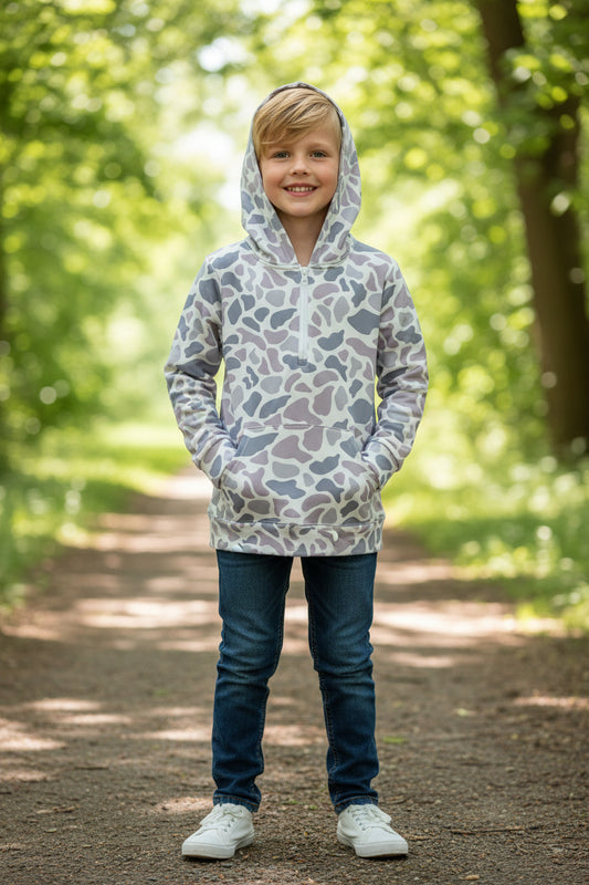 long sleeve zipper up gray camo hooded pullover