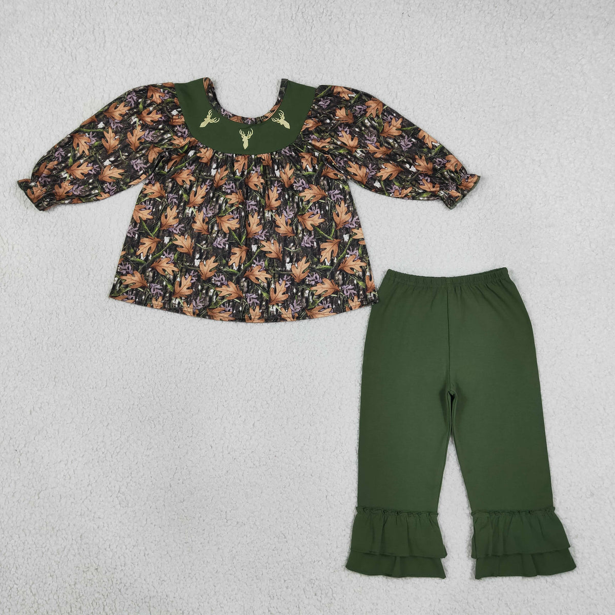 fall leaves camo deer embroidery girl outfit