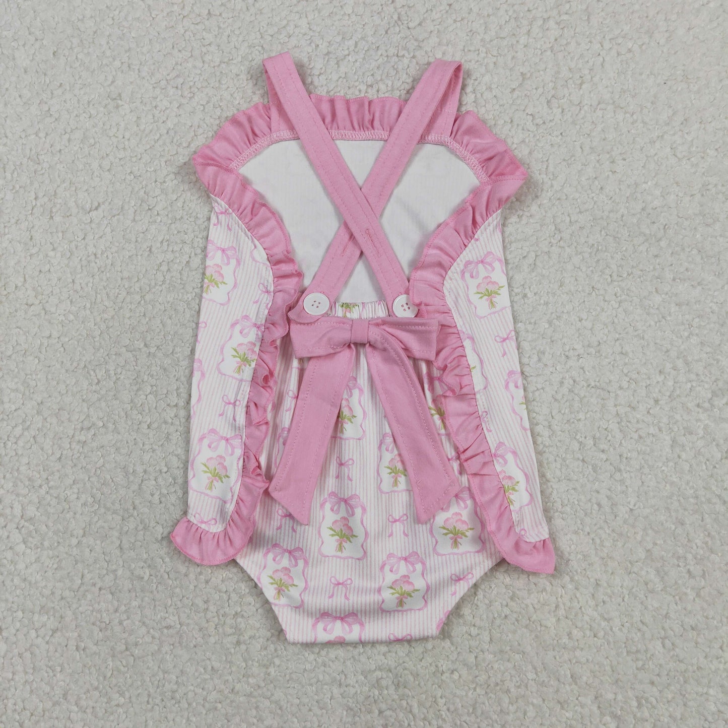 SR4112 pink floral stripes bow backless bubble romper baby girl clothes