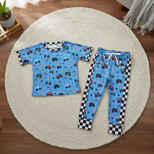 boy blue short sleeve racing monster truck jogger outfit