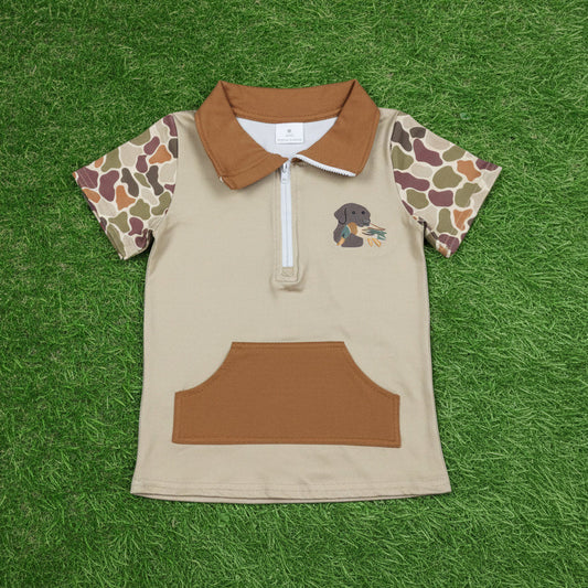 hunting dog print camo zipper pullover polo shirt