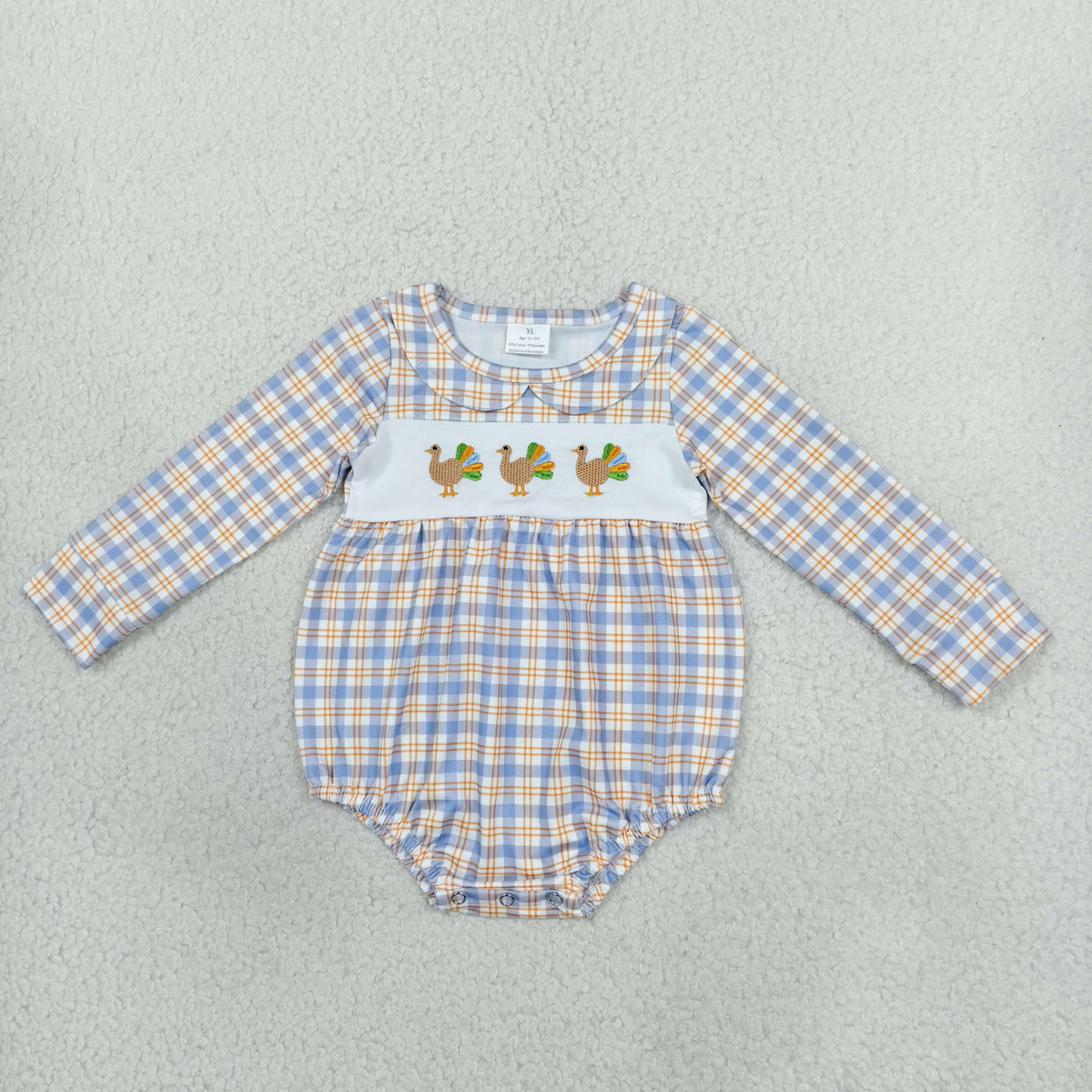 long sleeve turkey embroidery plaid romper