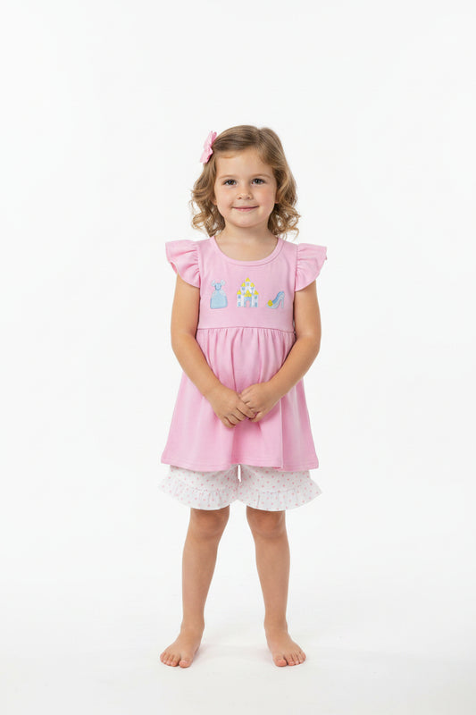 embroidery pink castle princess ruffle shorts set summer girl clothing