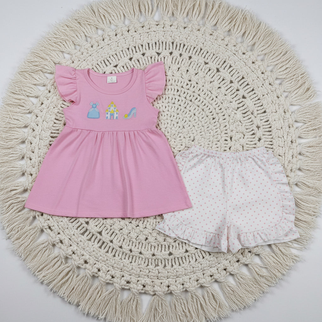 embroidery pink castle princess ruffle shorts set summer girl clothing