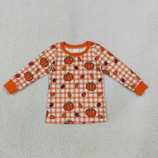 orange plaid fall leaf pumpkin boy shirt