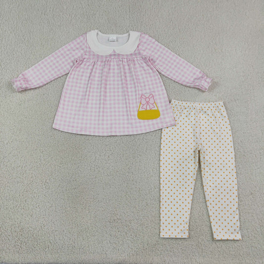 halloween candy embroidery plaid polk dots leggings girls outfit