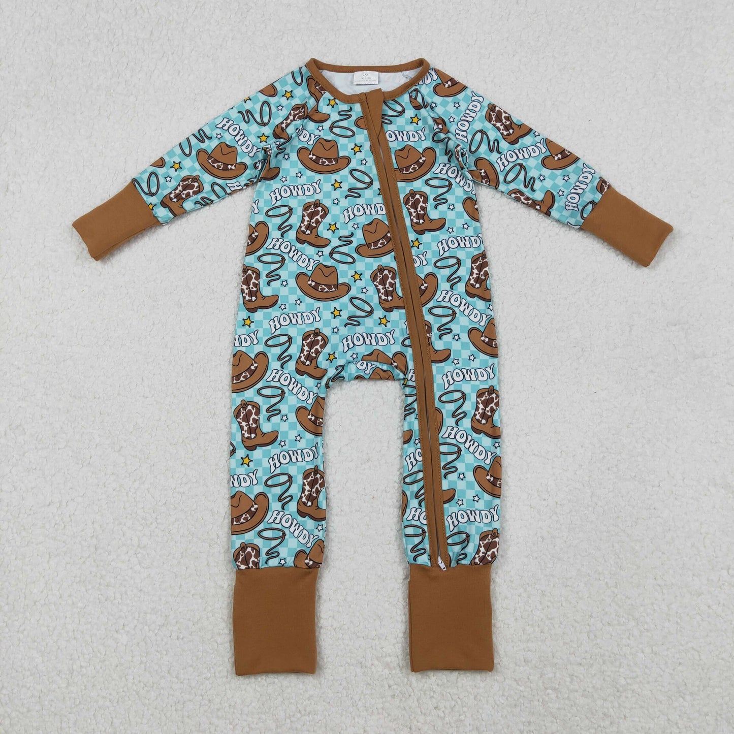 LR2517   Baby Boys Western Howdy Hats Plaid Zipper Footie Rompers D1031