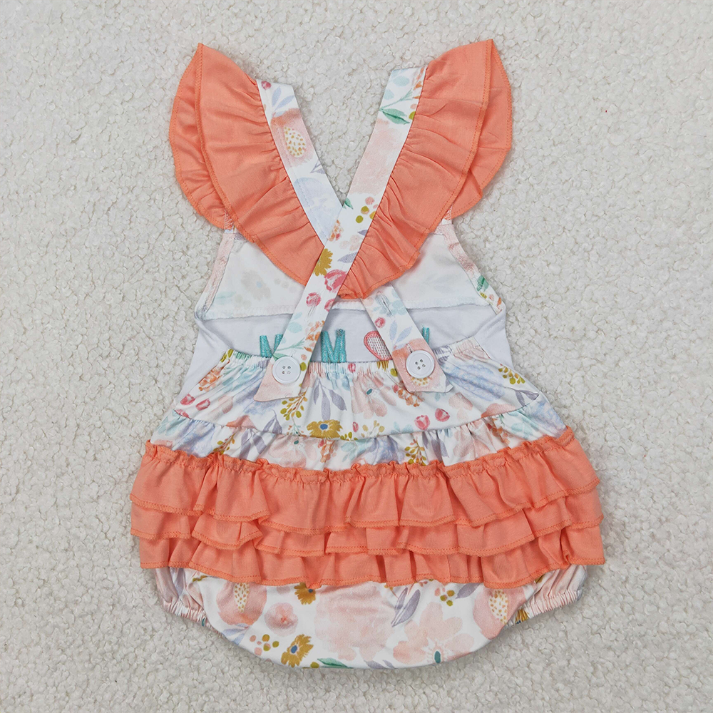 SR2948 Baby Infant Girls Orange Flutter Sleeves I LOVE MOM Floral Ruffle Rompers  D 3.31