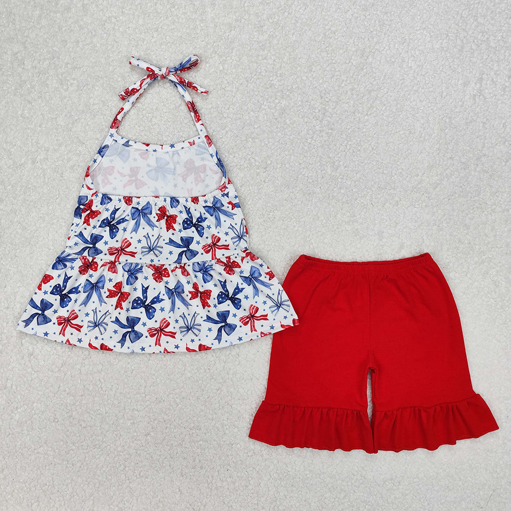 GSSO1928 National Day Bow Pattern White Suspenders Red Shorts Set D 3.14