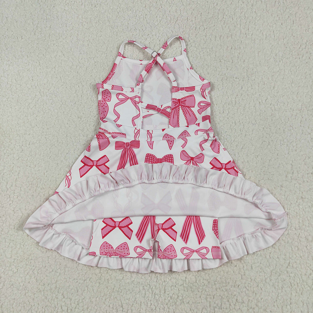 GSD2564 Baby Girls Strap Hot Pink Bows Plaid Activity Wear Yoga Knee Length Dresses  D 5.8