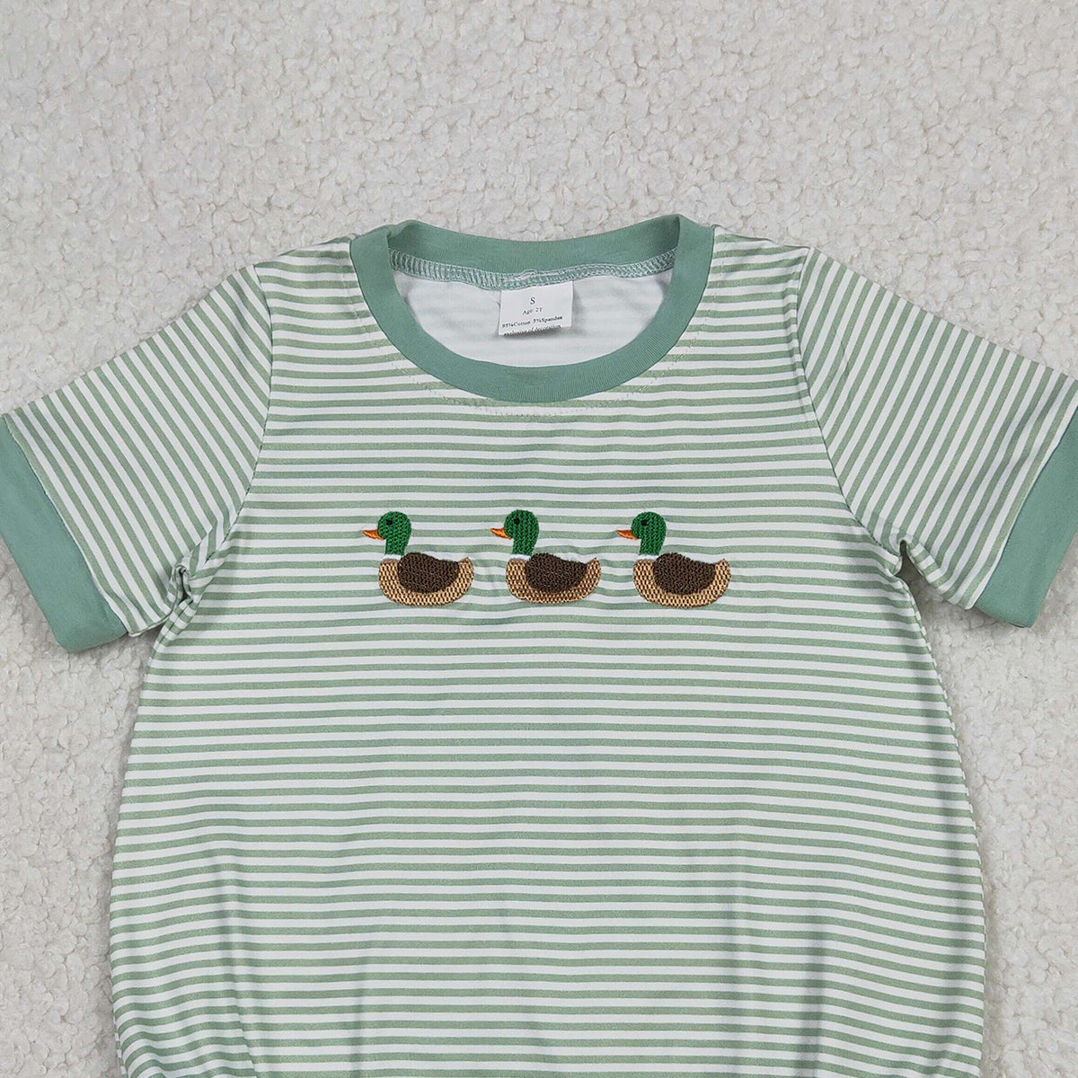 Baby Boys Green Stripe Short Sleeve Hunting Rompers Embroidery Ducks Design Comfortable And Stylish Clothing for Infants