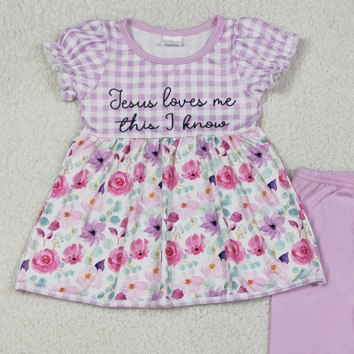 Baby Girls Lavender Checked Tunic Ruffle Pants Outfit Set with Jesus Love Me Flowers Design