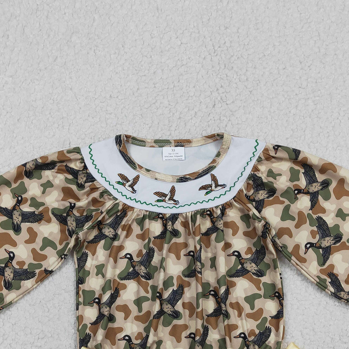 RTS NO MOQ（In Stock) LR2896 smocked Embroidered Duck Bow Brown-Green Camouflage Long-Sleeved Jumpsuit