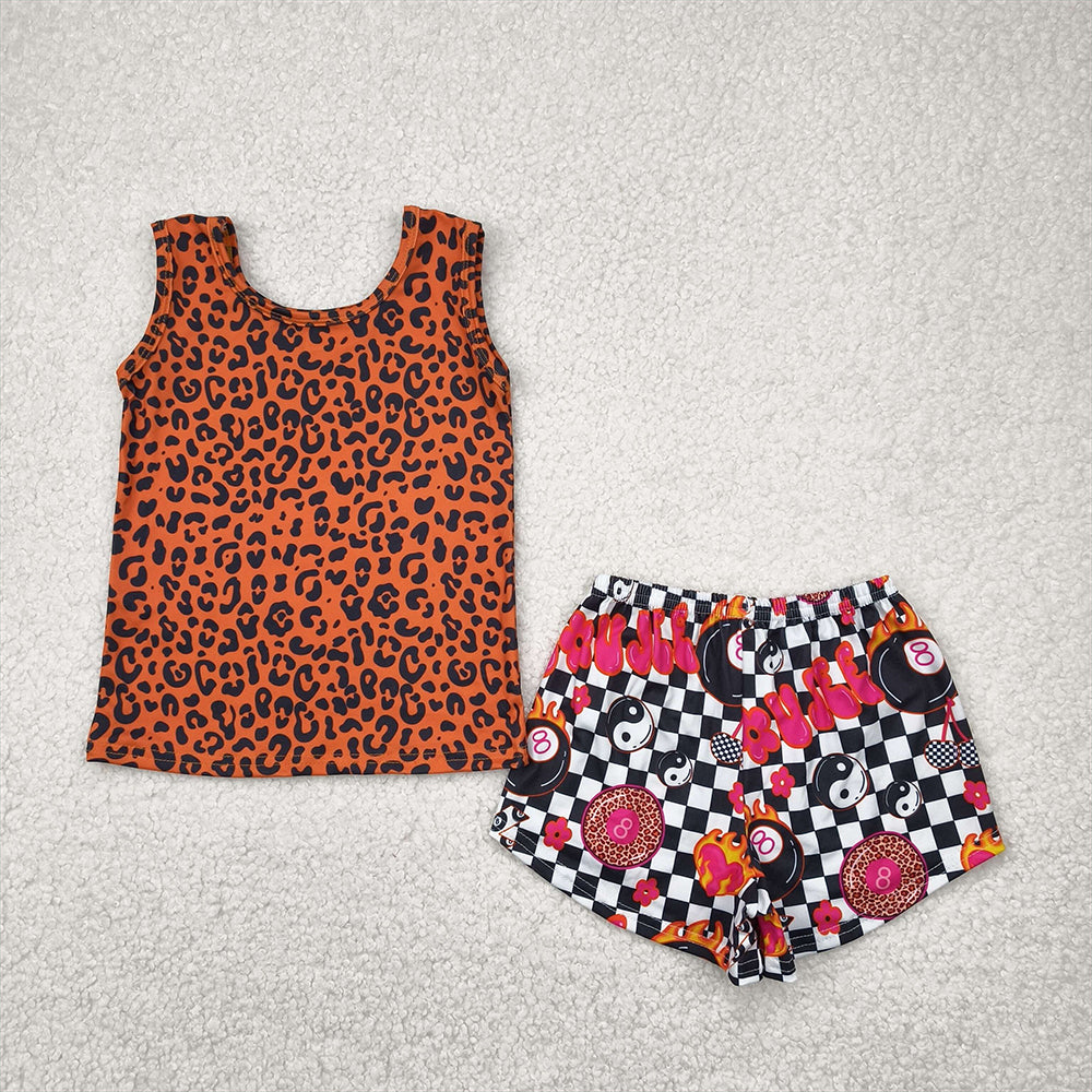 GSSO2391  Baby Girls Sleeveless Leopard Top Black Plaid Shorts Sets D 4.22
