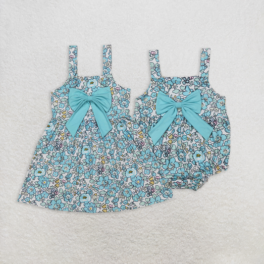 Match Baby Girls Blue Flowers Big Bow Rompers Dresses D 4.1