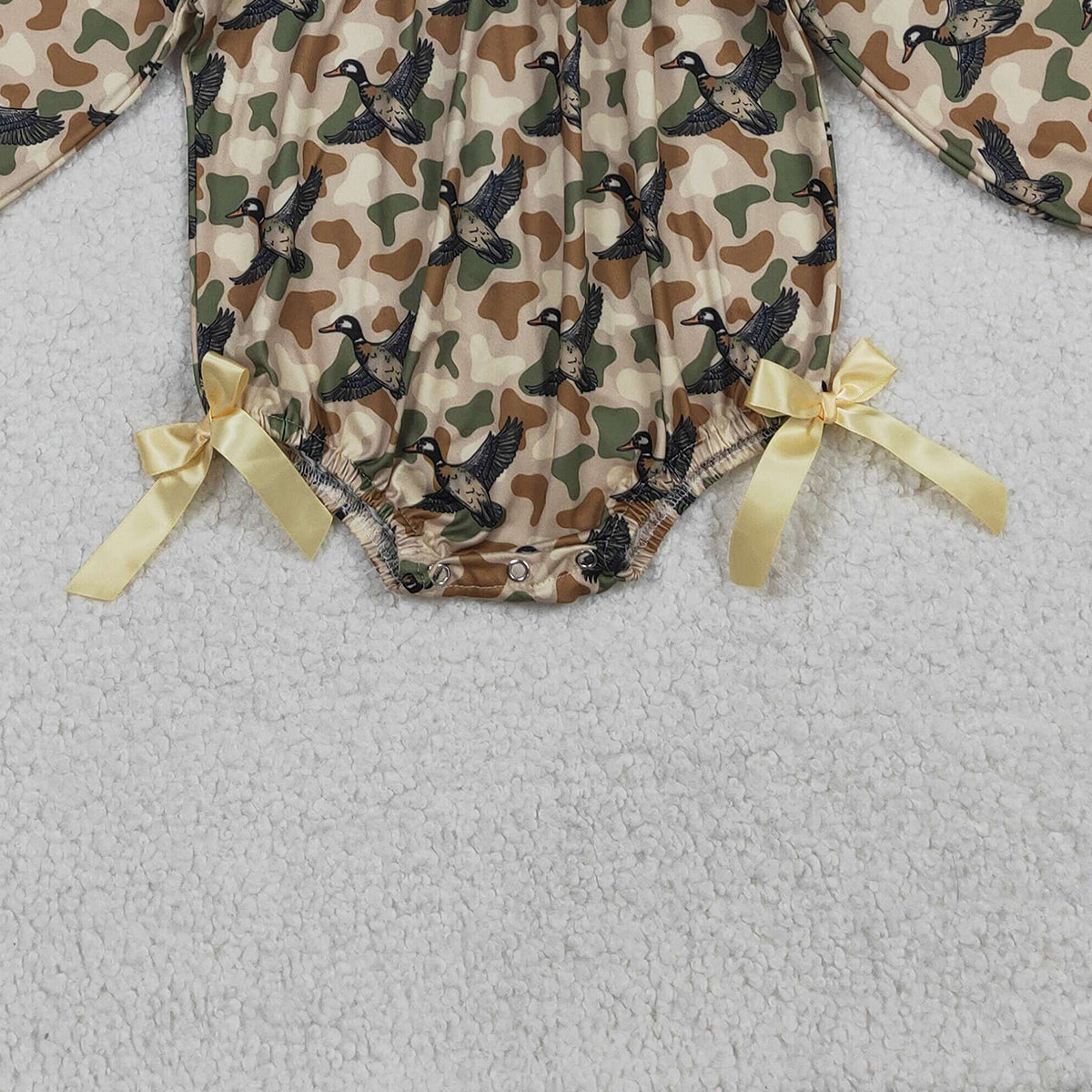RTS NO MOQ（In Stock) LR2896 smocked Embroidered Duck Bow Brown-Green Camouflage Long-Sleeved Jumpsuit