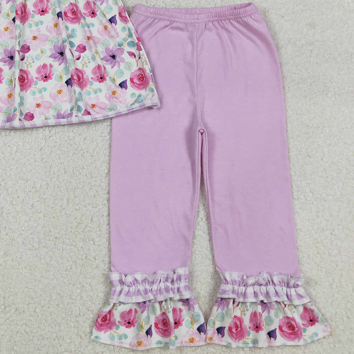 Baby Girls Lavender Checked Tunic Ruffle Pants Outfit Set with Jesus Love Me Flowers Design