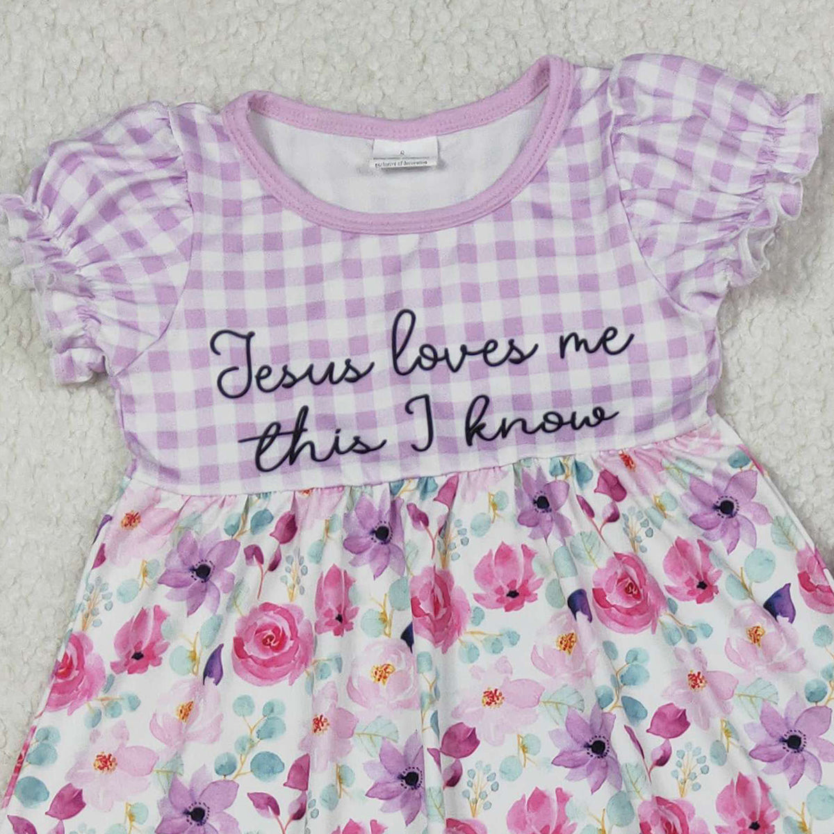 Baby Girls Lavender Checked Tunic Ruffle Pants Outfit Set with Jesus Love Me Flowers Design