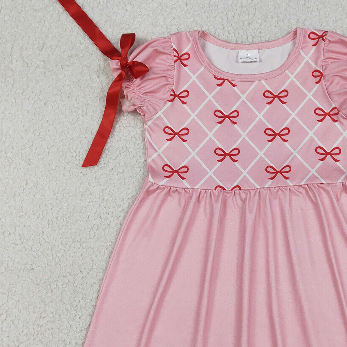 Baby Girls Knee-Length Dress Short Sleeve Red Bows Checked Pattern Cute Feminine Fashion for Little Ones