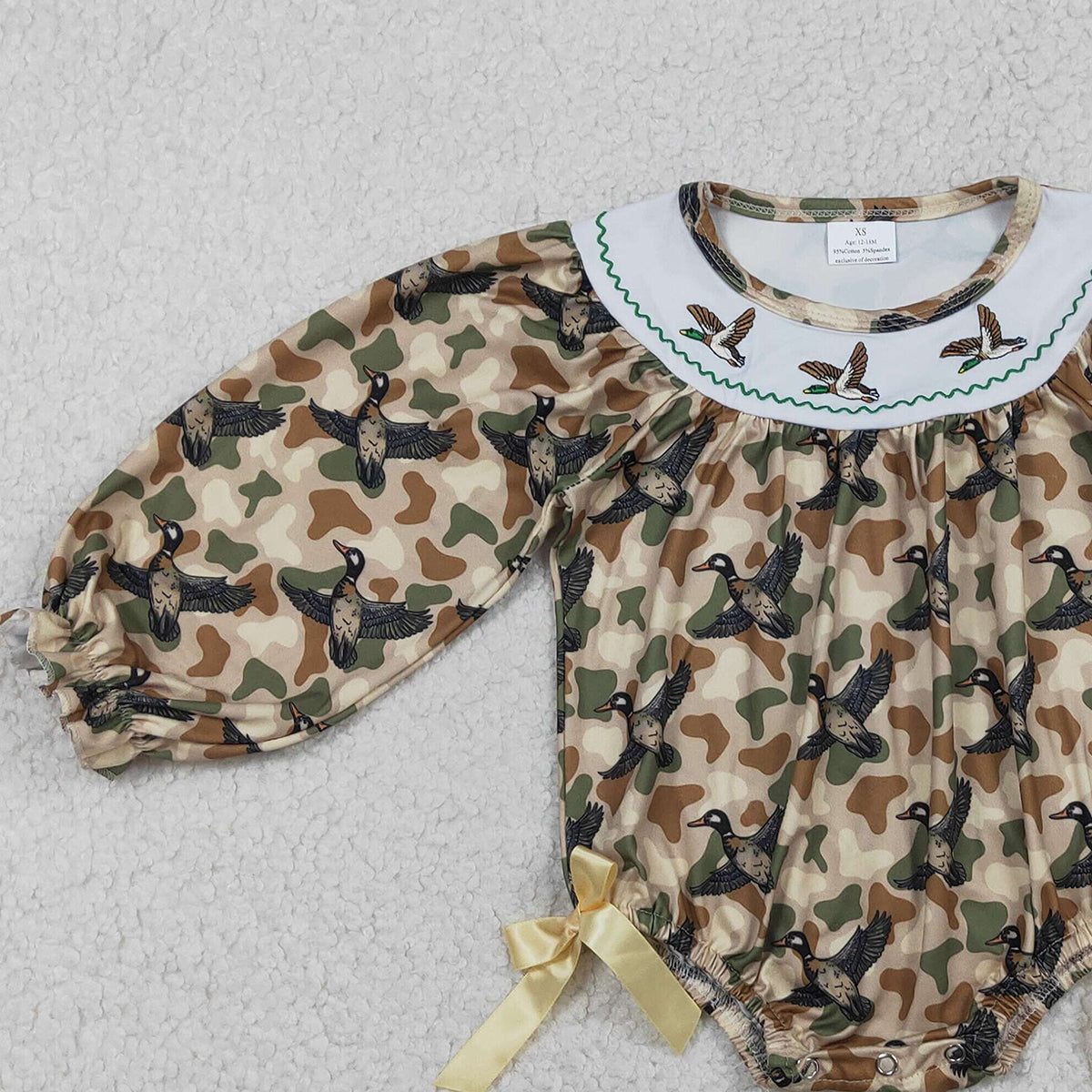 RTS NO MOQ（In Stock) LR2896 smocked Embroidered Duck Bow Brown-Green Camouflage Long-Sleeved Jumpsuit
