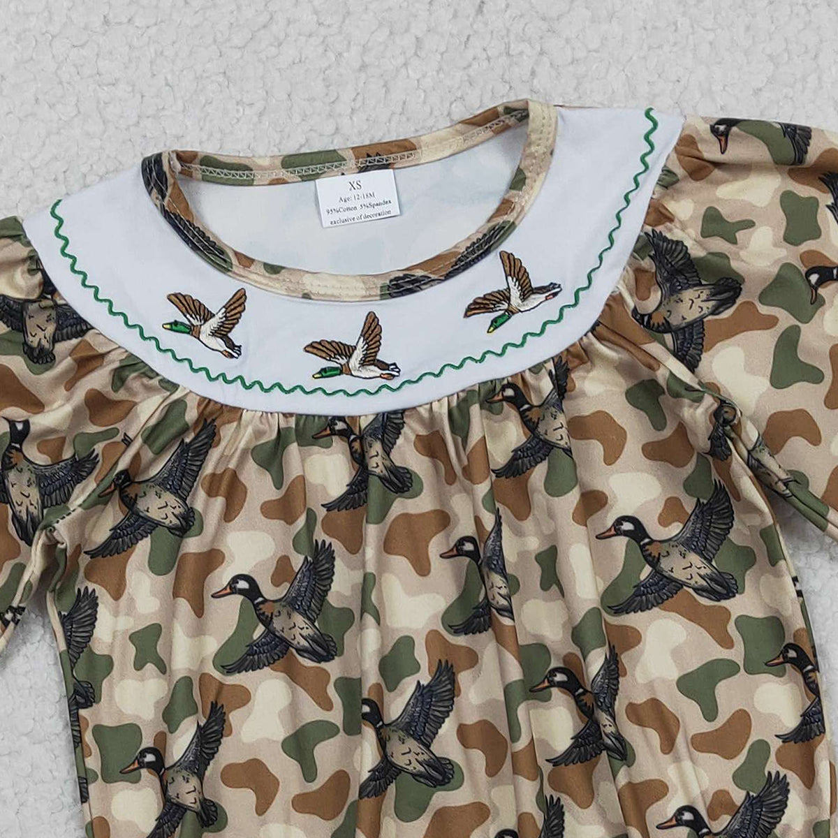 RTS NO MOQ（In Stock) LR2896 smocked Embroidered Duck Bow Brown-Green Camouflage Long-Sleeved Jumpsuit