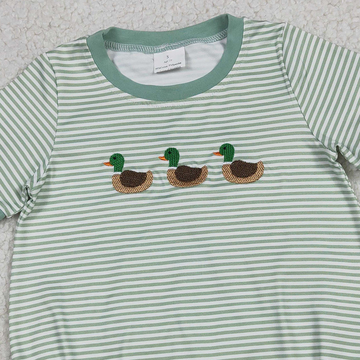Baby Boys Green Stripe Short Sleeve Hunting Rompers Embroidery Ducks Design Comfortable And Stylish Clothing for Infants