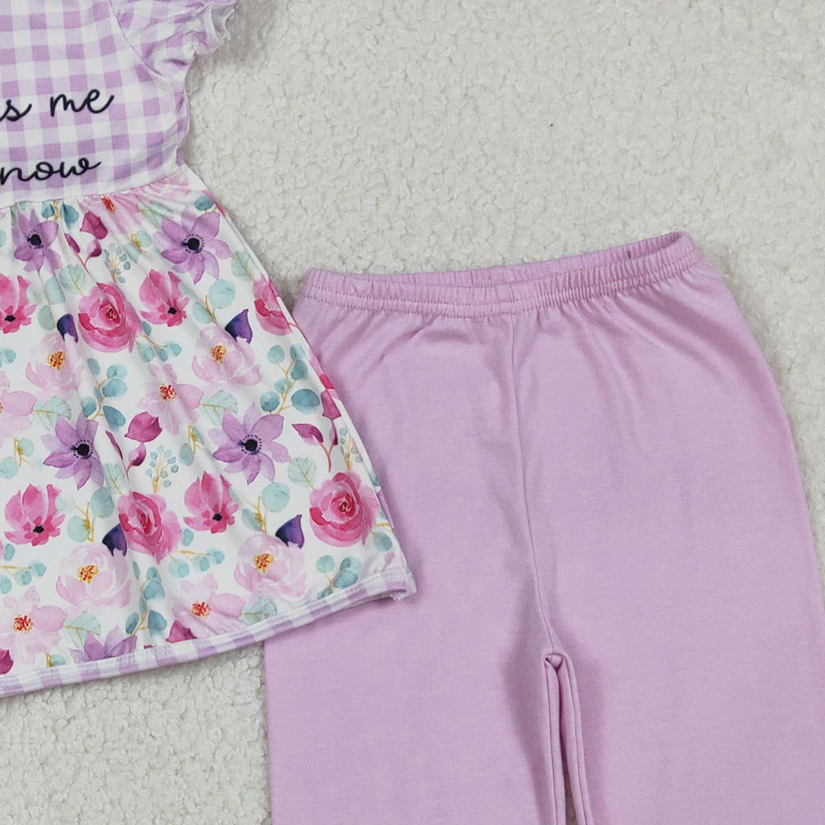 Baby Girls Lavender Checked Tunic Ruffle Pants Outfit Set with Jesus Love Me Flowers Design
