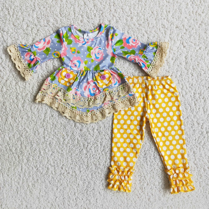 6 A17-12 Gray flower yellow polka dot pants lace suit