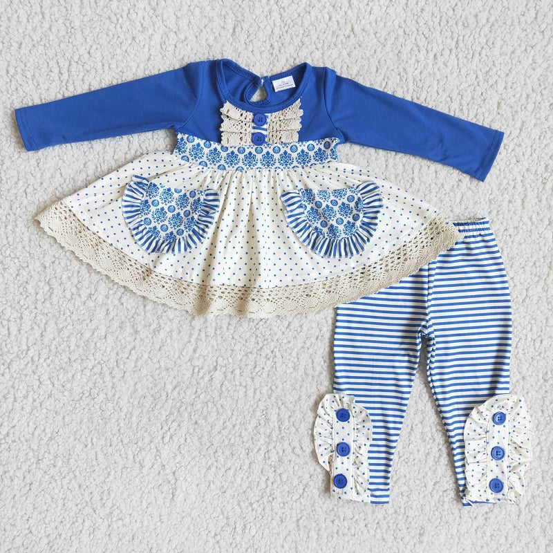 6 A3-1 Blue blue and white polka dot striped pocket set