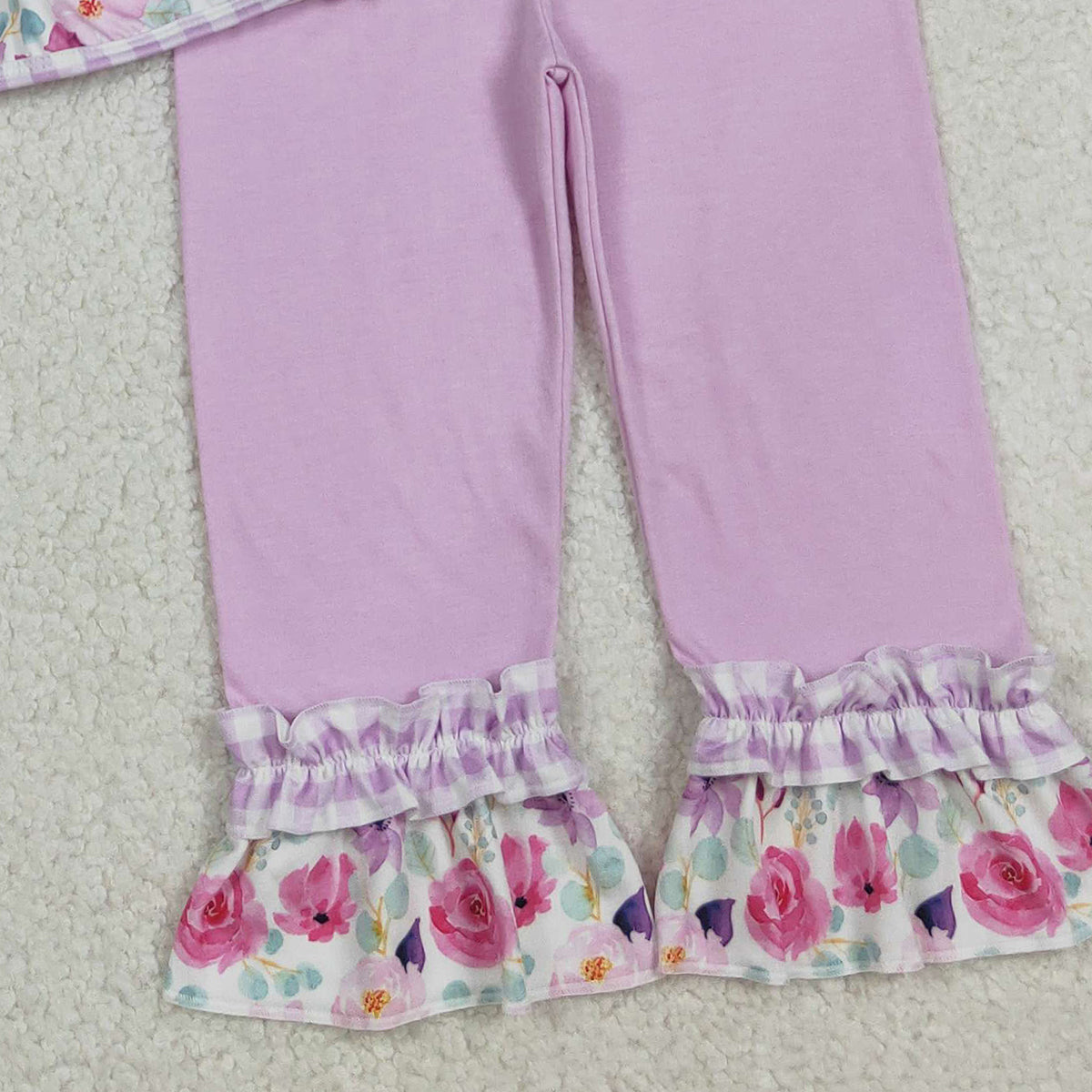 Baby Girls Lavender Checked Tunic Ruffle Pants Outfit Set with Jesus Love Me Flowers Design