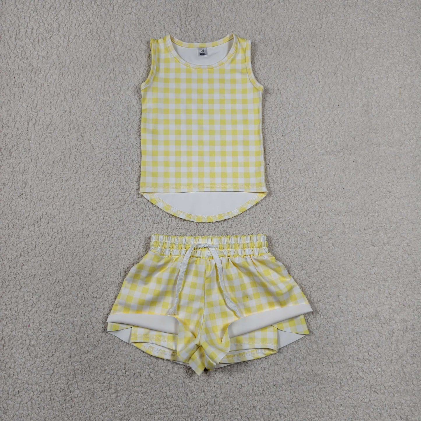 sleeveless yellow gingham athletic butterfly shorts outfit girls clothes