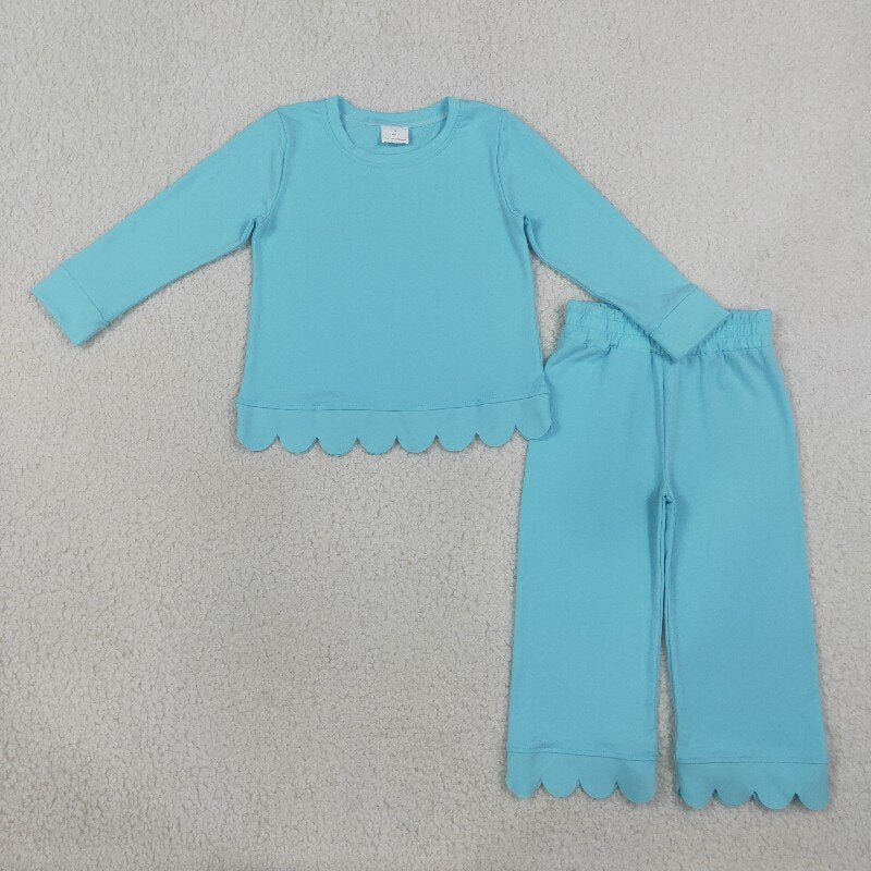 Matching Baby girls solid long sleve pant scalloped outfits cotton