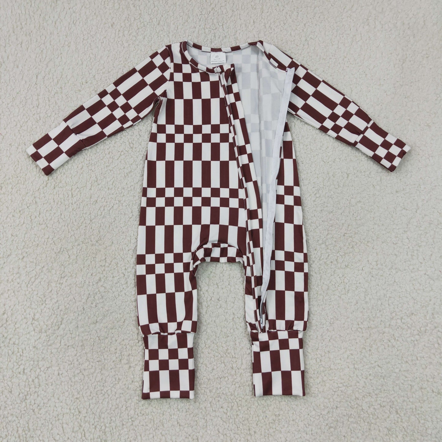 LR3114 long sleeve chocolate checkered zipper sleeper baby clothing