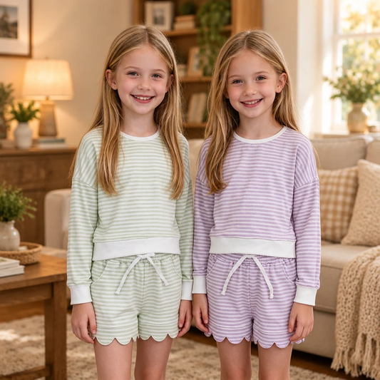 long sleeve purple stripes scallop shorts set