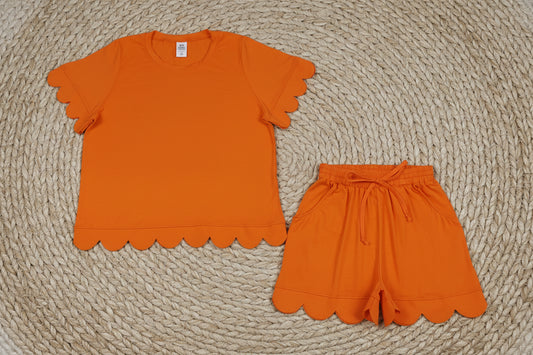 adult clothes women solid orange scallop shorts set