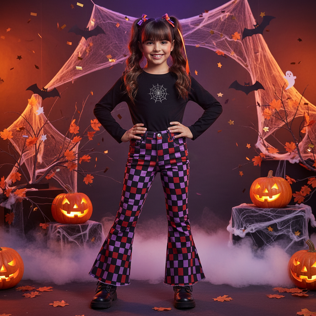 P0471 Orange and purple plaid black denim trousers