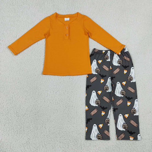 orange shirt halloween candy ghost bat grey boy outfit
