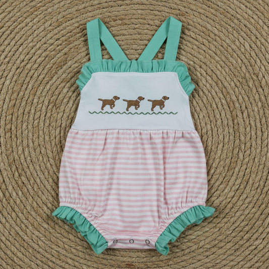SR3558 pink stripes dog embroidery cross back bubble romper infant clothes