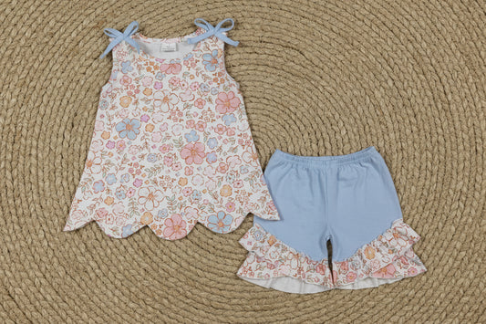 peach floral scallop shorts set summer girl clothing