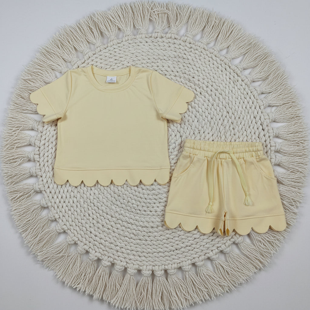 cotton yellow scallop shorts set