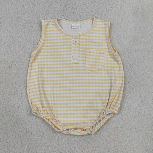 SR4236 sleeveless gingham bubble romper with pocket baby boy clothes